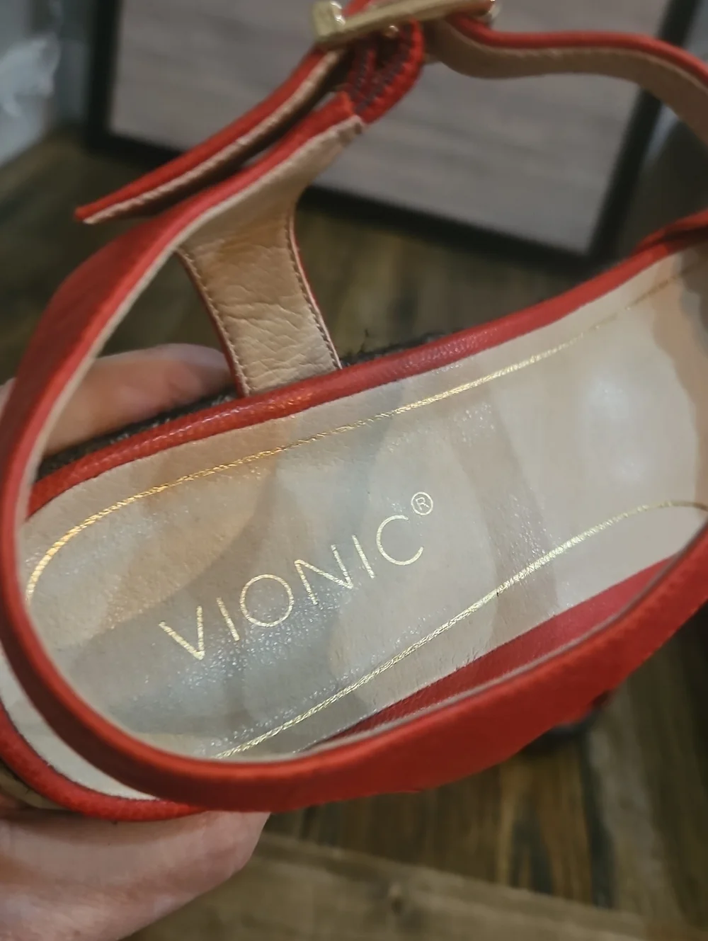 Vionic Women’s Red Sandals W/ Black Espadrille Wedge Heel & Ankle Strap